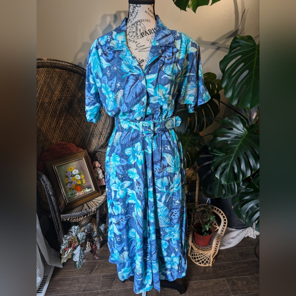 Vintage Blue Tropical Print Women's Dress Size M